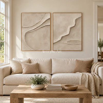 Raised Pathways: Impasto Beige Relief Diptych Wall Art — villa wood