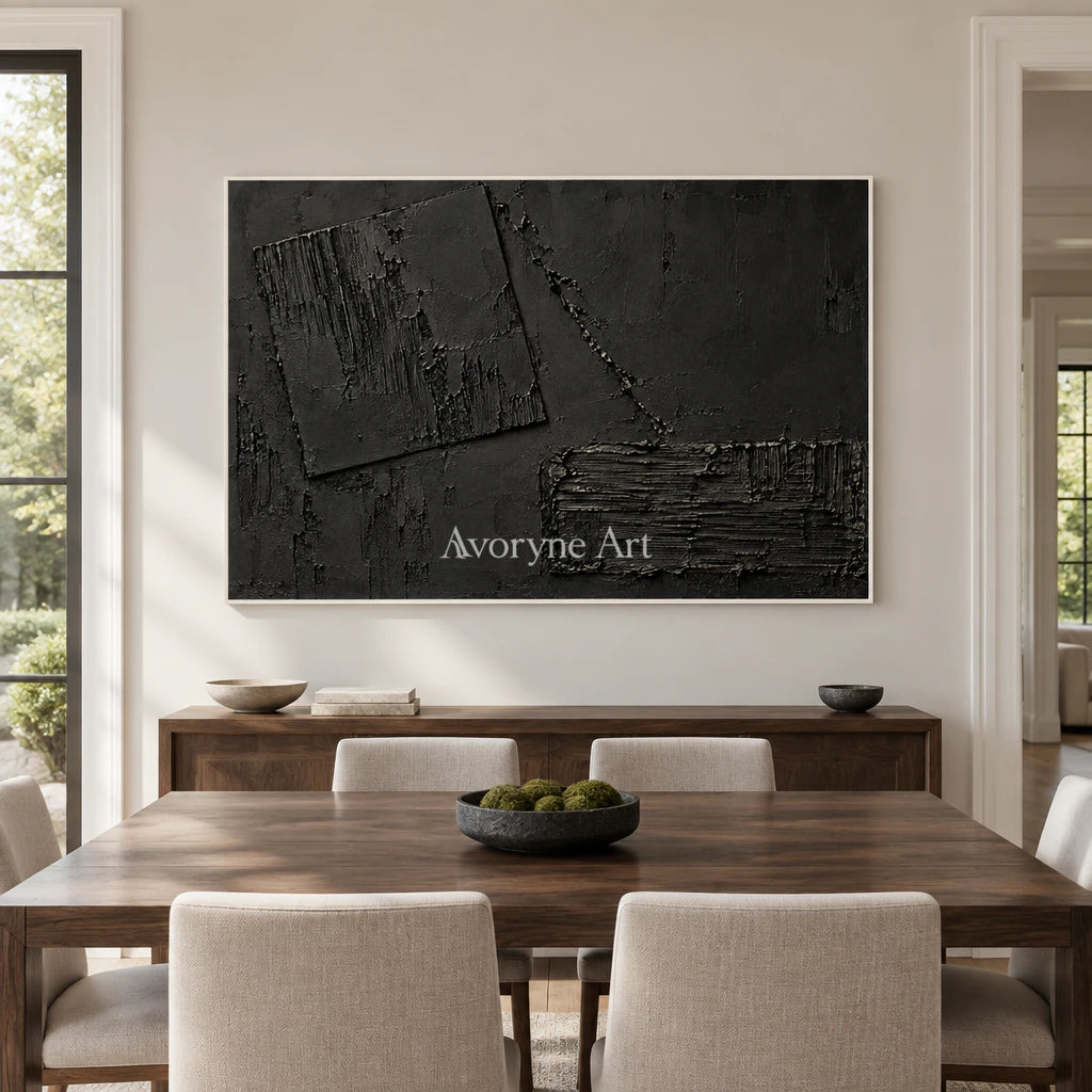 Obsidian Offset: Impasto Black Block Abstract Wall Art — dining white