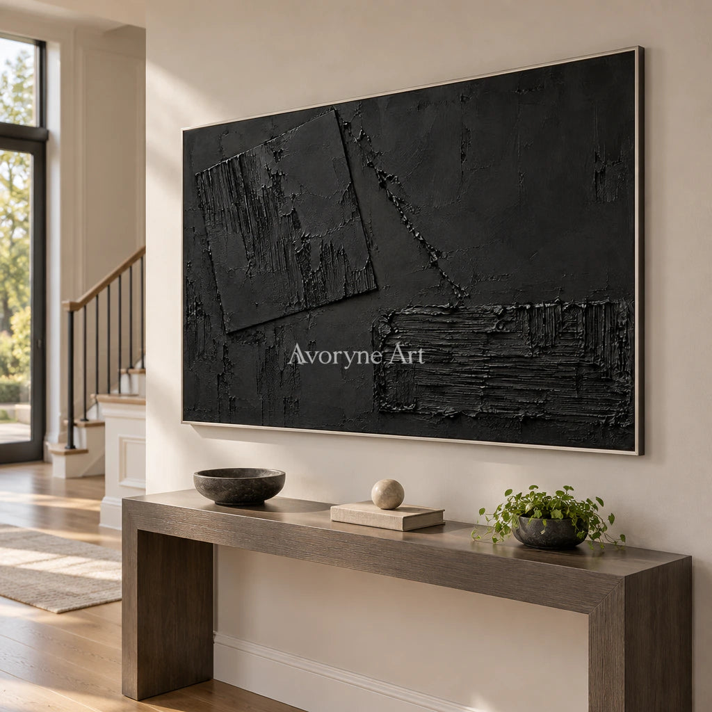 Obsidian Offset: Impasto Black Block Abstract Wall Art — entry silver