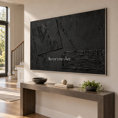 Obsidian Offset: Impasto Black Block Abstract Wall Art — entry silver