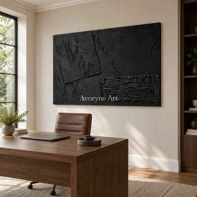 Obsidian Offset: Impasto Black Block Abstract Wall Art — office frameless