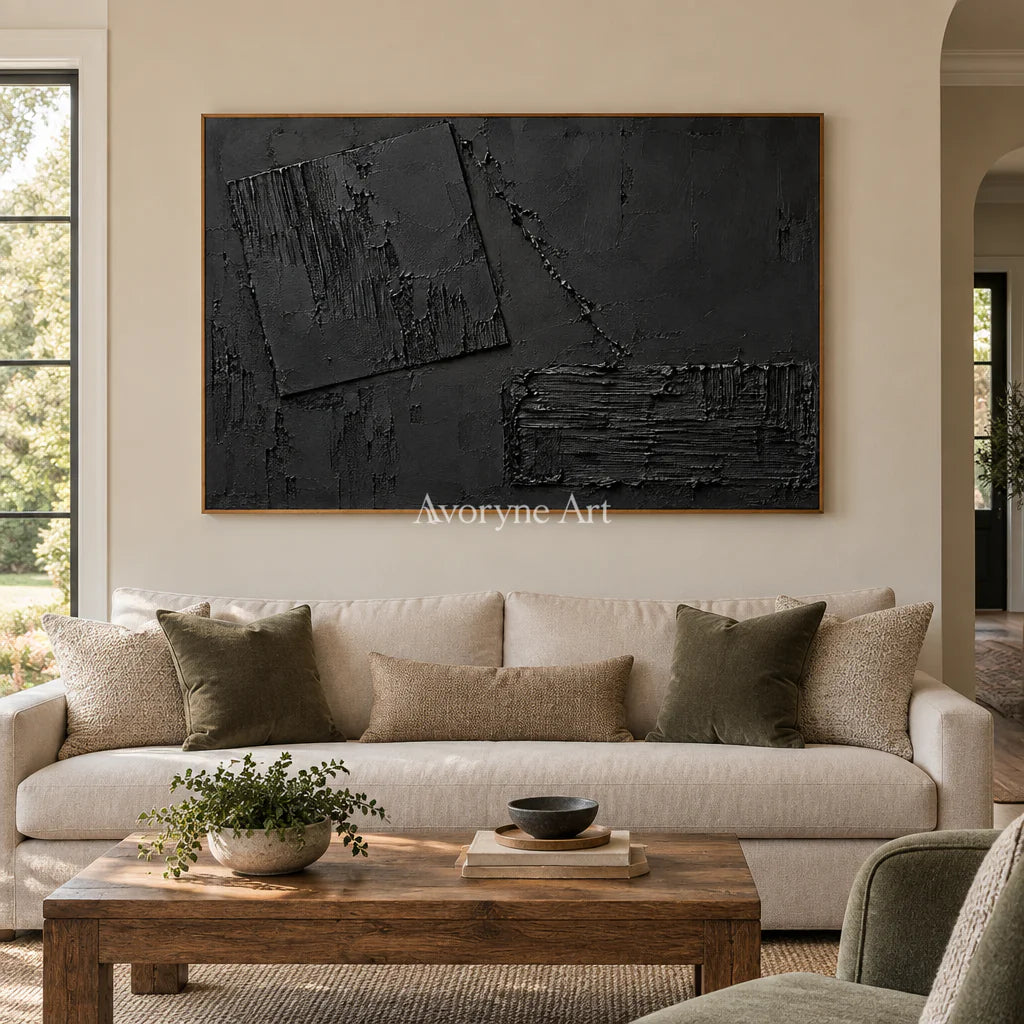 Obsidian Offset: Impasto Black Block Abstract Wall Art — villa wood