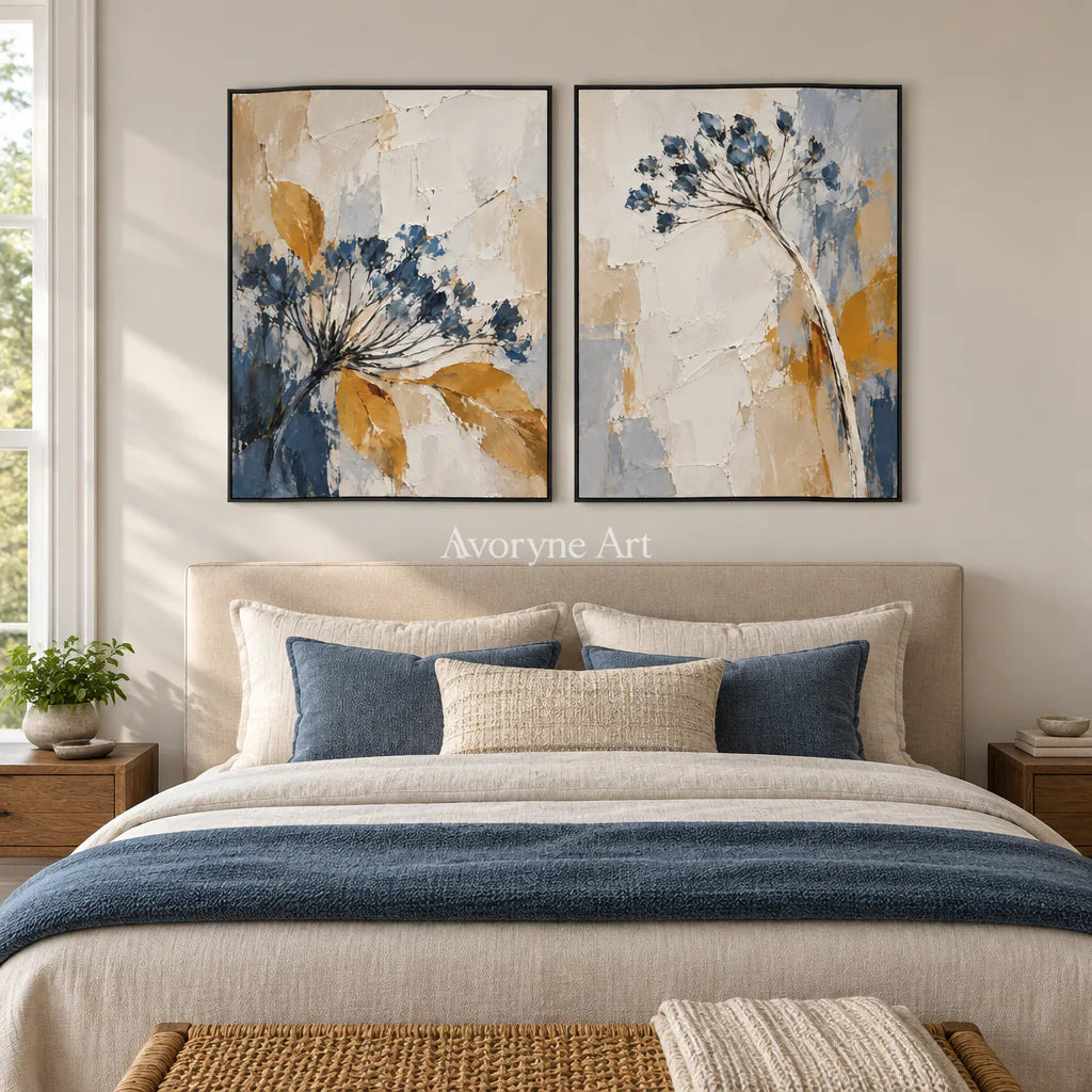 Seedhead Duet: Impasto Blue Botanical Diptych Wall Art — bedroom black