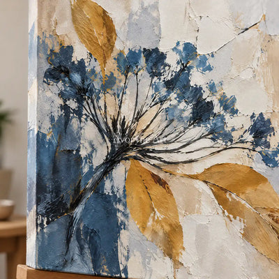 Seedhead Duet: Impasto Blue Botanical Diptych Wall Art — detail easel