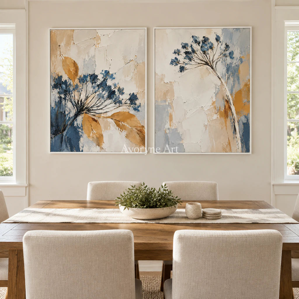 Seedhead Duet: Impasto Blue Botanical Diptych Wall Art — dining white