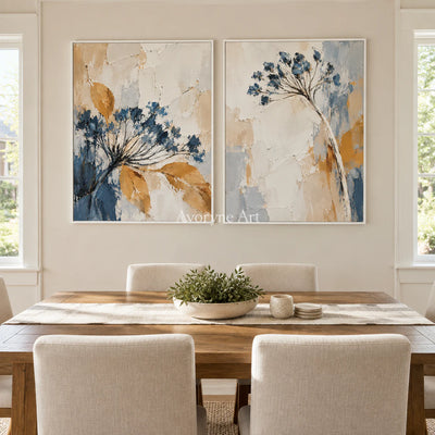 Seedhead Duet: Impasto Blue Botanical Diptych Wall Art — dining white