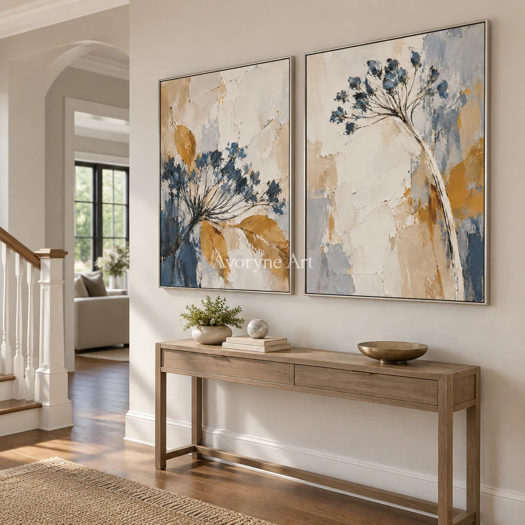 Seedhead Duet: Impasto Blue Botanical Diptych Wall Art — entry silver