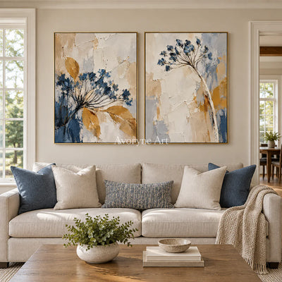 Seedhead Duet: Impasto Blue Botanical Diptych Wall Art — living gold