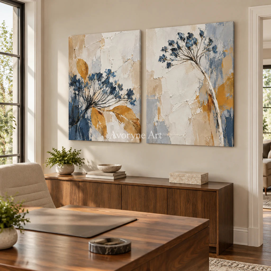 Seedhead Duet: Impasto Blue Botanical Diptych Wall Art — office frameless