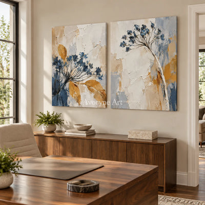 Seedhead Duet: Impasto Blue Botanical Diptych Wall Art — office frameless