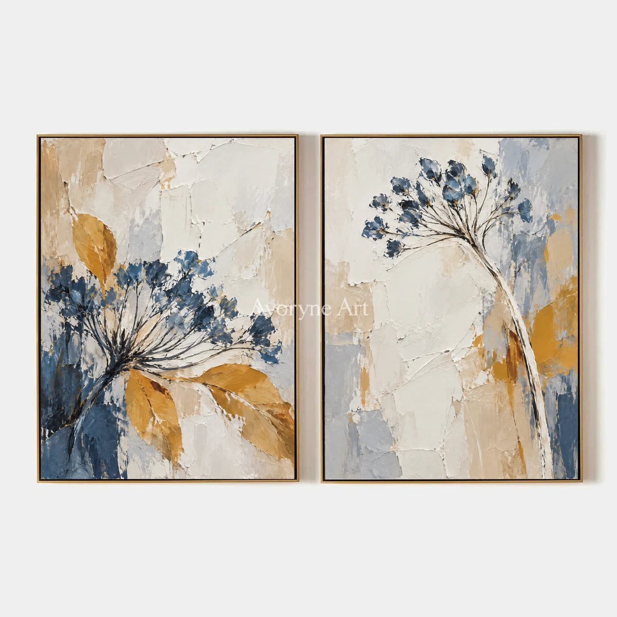 Seedhead Duet: Impasto Blue Botanical Diptych Wall Art — primary