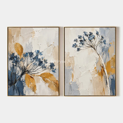 Seedhead Duet: Impasto Blue Botanical Diptych Wall Art — primary