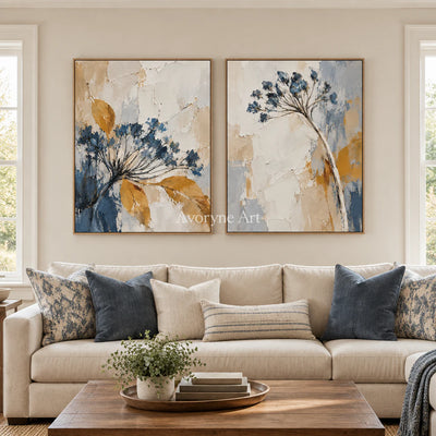 Seedhead Duet: Impasto Blue Botanical Diptych Wall Art — villa wood
