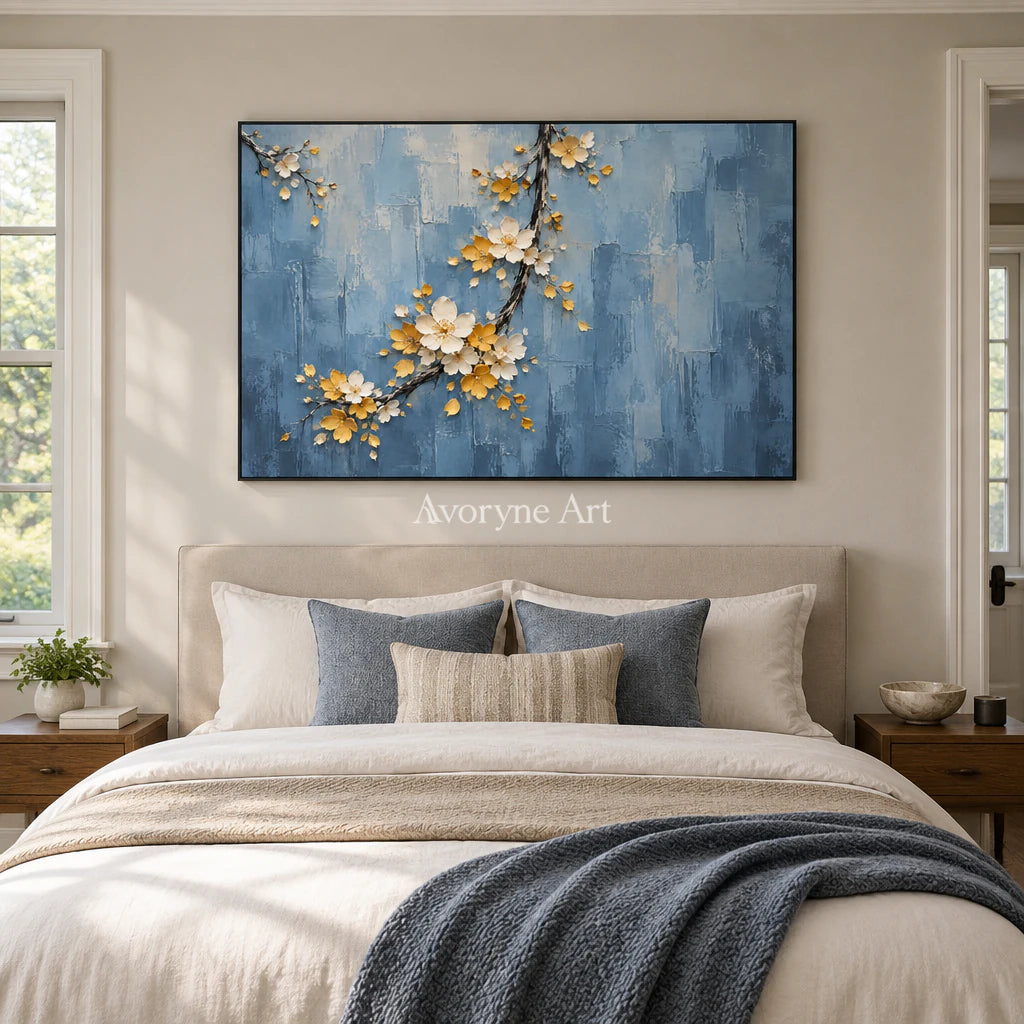 Blossom Descent: Impasto Blue Floral Relief Wall Art — bedroom black