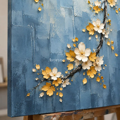 Blossom Descent: Impasto Blue Floral Relief Wall Art — detail easel