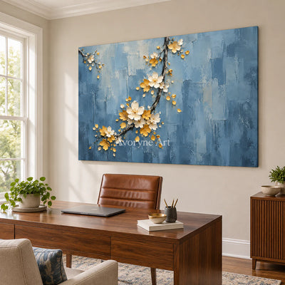 Blossom Descent: Impasto Blue Floral Relief Wall Art — office frameless