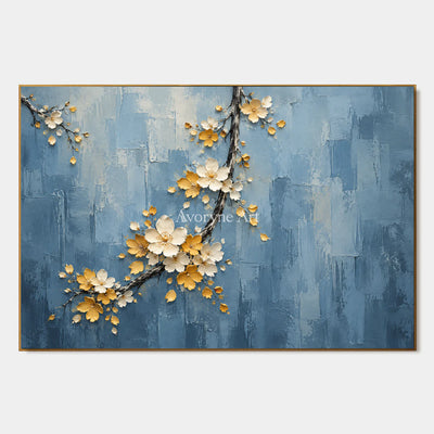 Blossom Descent: Impasto Blue Floral Relief Wall Art — primary