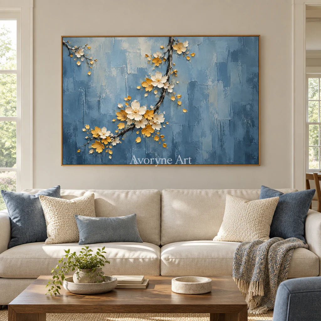 Blossom Descent: Impasto Blue Floral Relief Wall Art — villa wood