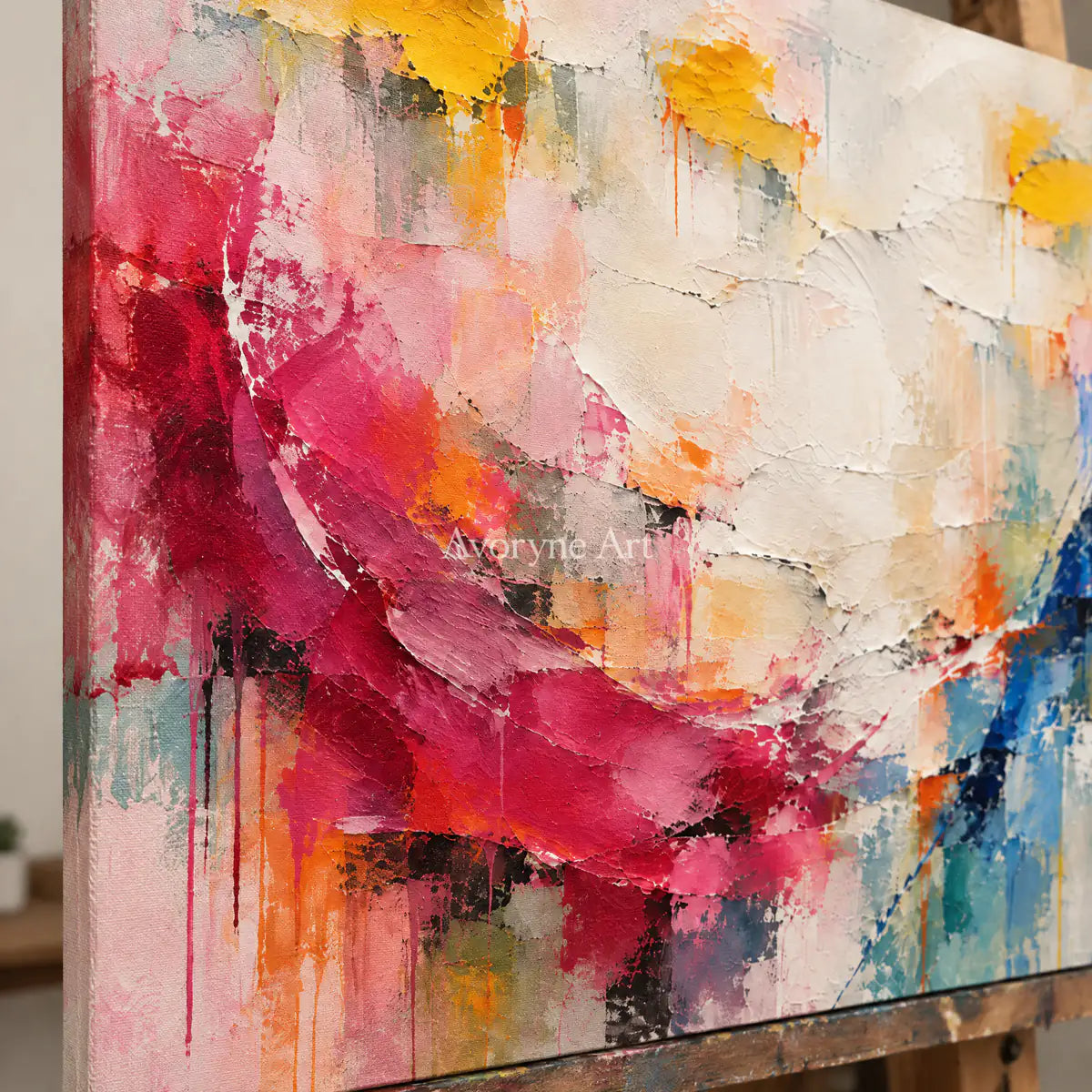 Chromatic Sweep: Impasto Colorful Abstract Wall Art — detail easel