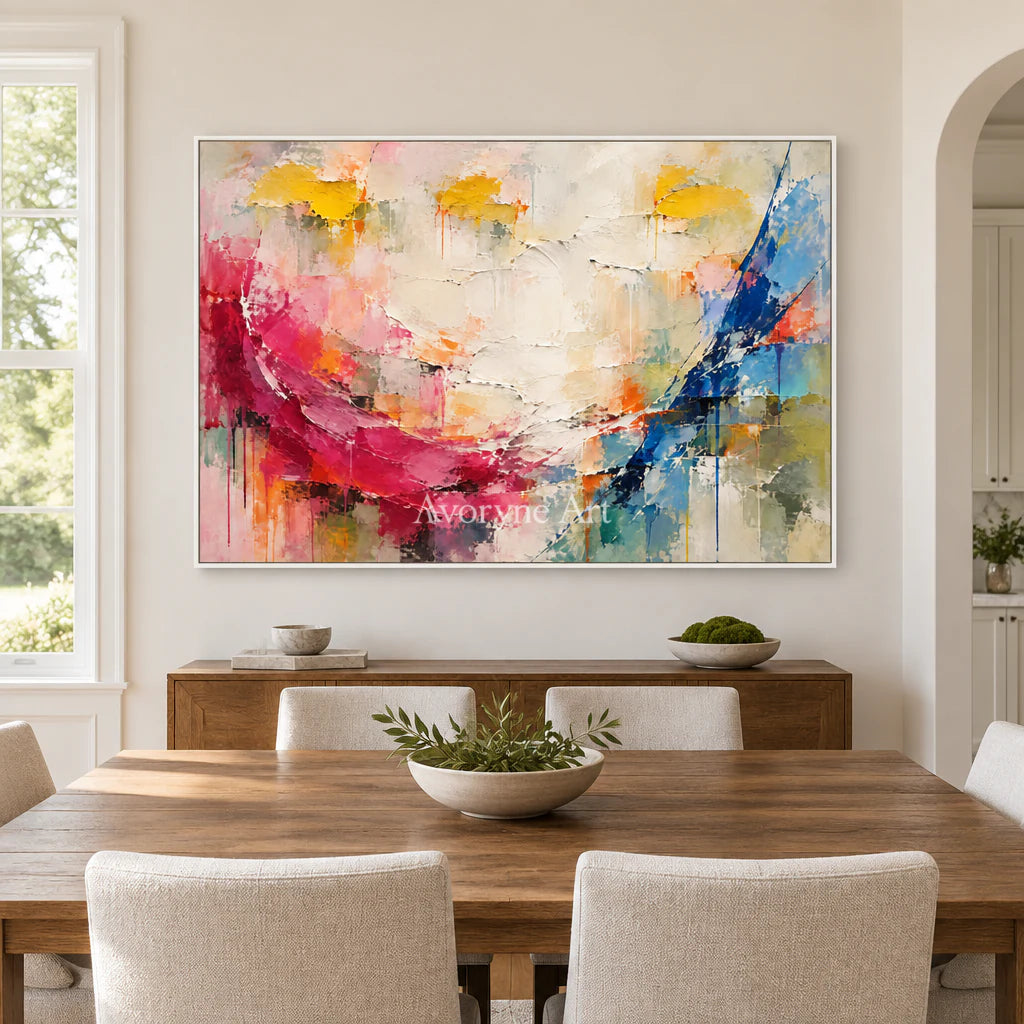 Chromatic Sweep: Impasto Colorful Abstract Wall Art — dining white