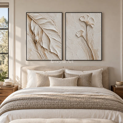 Ivory Stems: Impasto White Botanical Diptych Wall Art — bedroom black