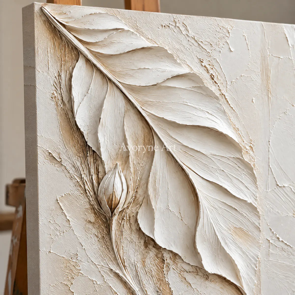 Ivory Stems: Impasto White Botanical Diptych Wall Art — detail easel