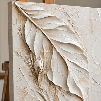 Ivory Stems: Impasto White Botanical Diptych Wall Art — detail easel