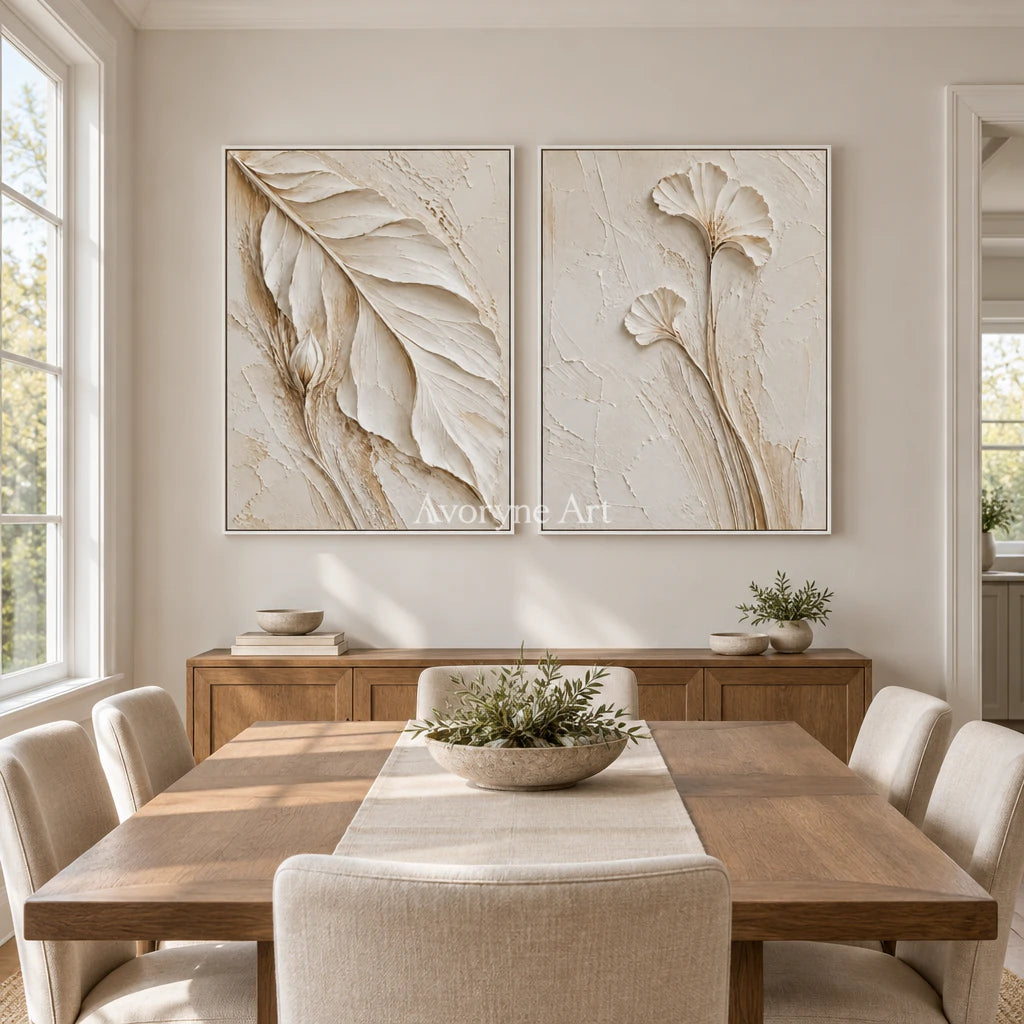 Ivory Stems: Impasto White Botanical Diptych Wall Art — dining white