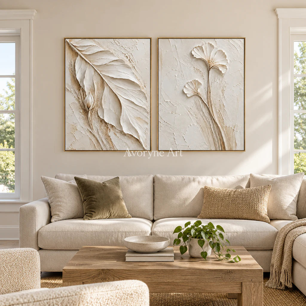Ivory Stems: Impasto White Botanical Diptych Wall Art — living gold