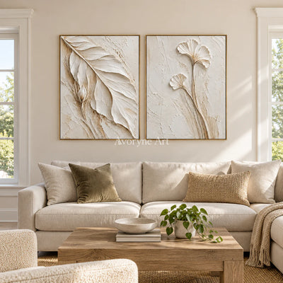 Ivory Stems: Impasto White Botanical Diptych Wall Art — living gold