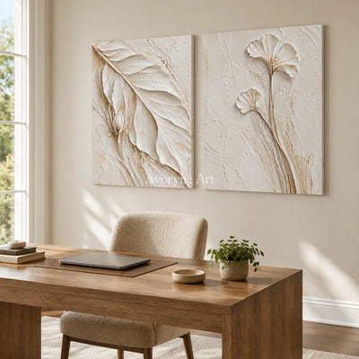 Ivory Stems: Impasto White Botanical Diptych Wall Art — office frameless