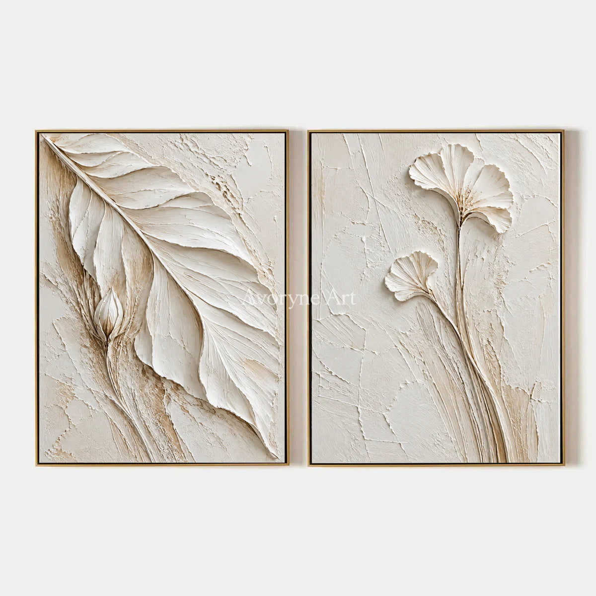 Ivory Stems: Impasto White Botanical Diptych Wall Art — primary