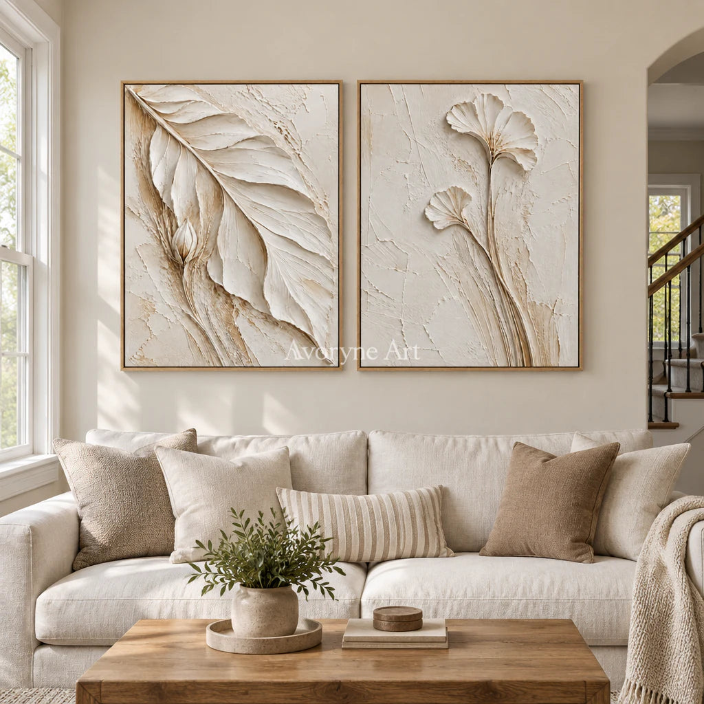 Ivory Stems: Impasto White Botanical Diptych Wall Art — villa wood