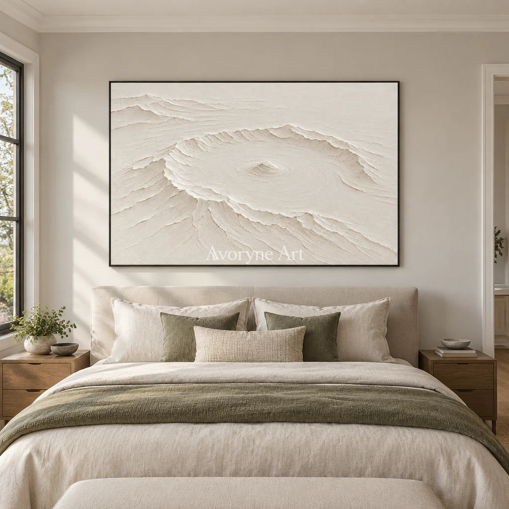 Caldera Quiet: Impasto White Landscape Relief Wall Art — bedroom black