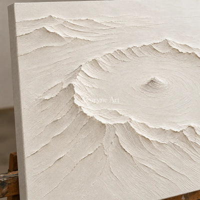 Caldera Quiet: Impasto White Landscape Relief Wall Art — detail easel