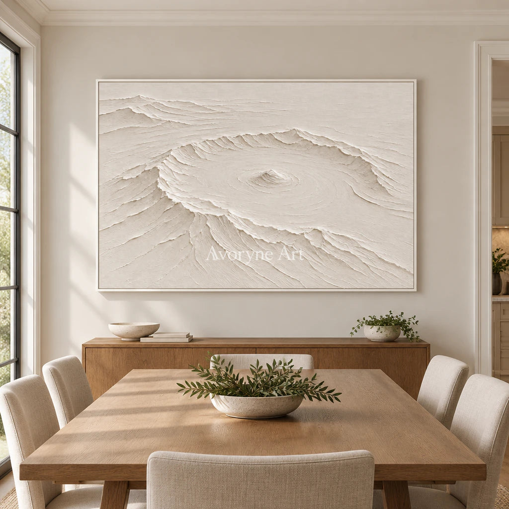 Caldera Quiet: Impasto White Landscape Relief Wall Art — dining white