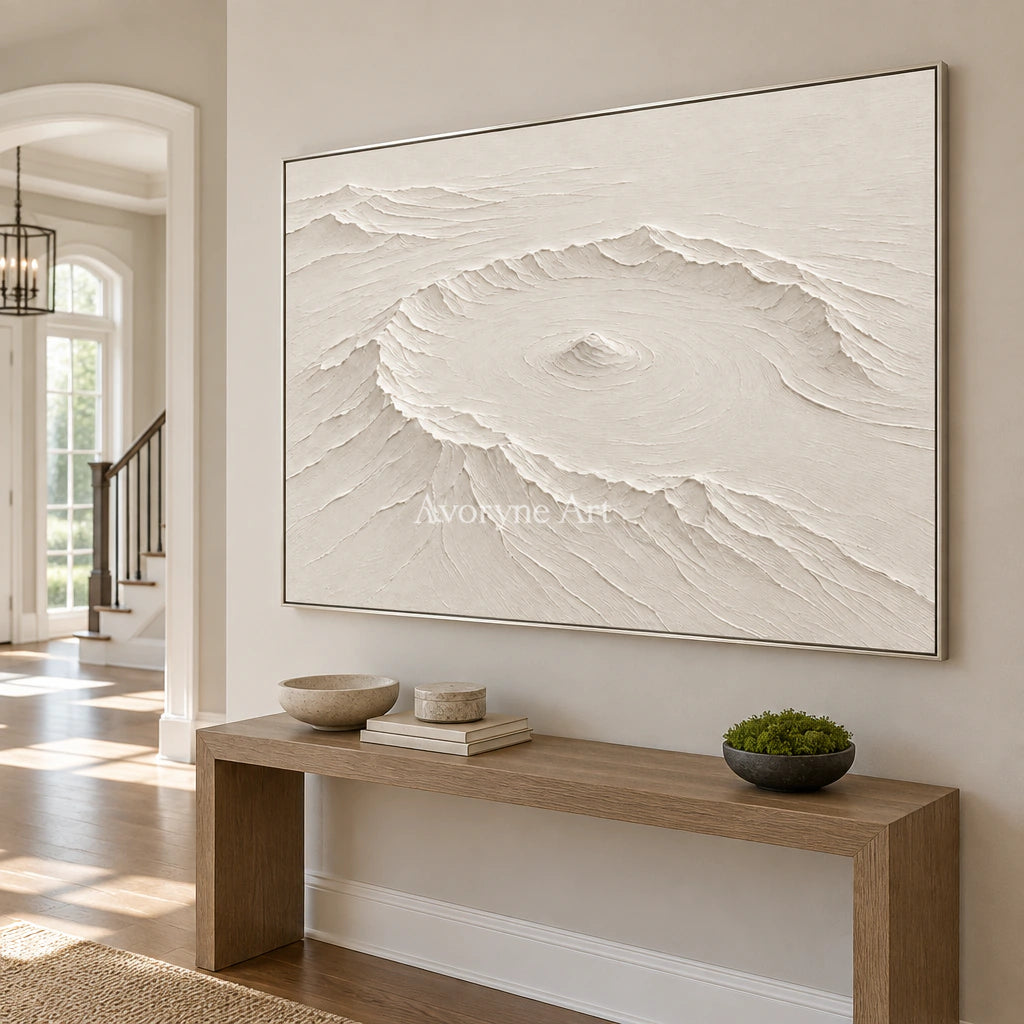 Caldera Quiet: Impasto White Landscape Relief Wall Art — entry silver