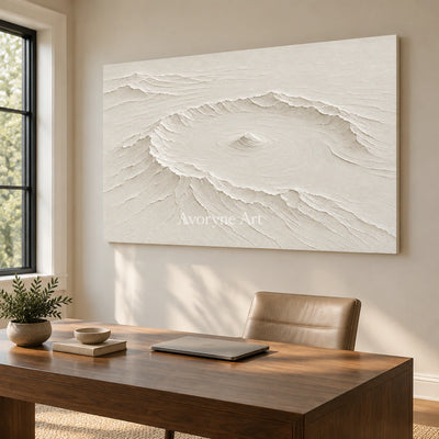Caldera Quiet: Impasto White Landscape Relief Wall Art — office frameless