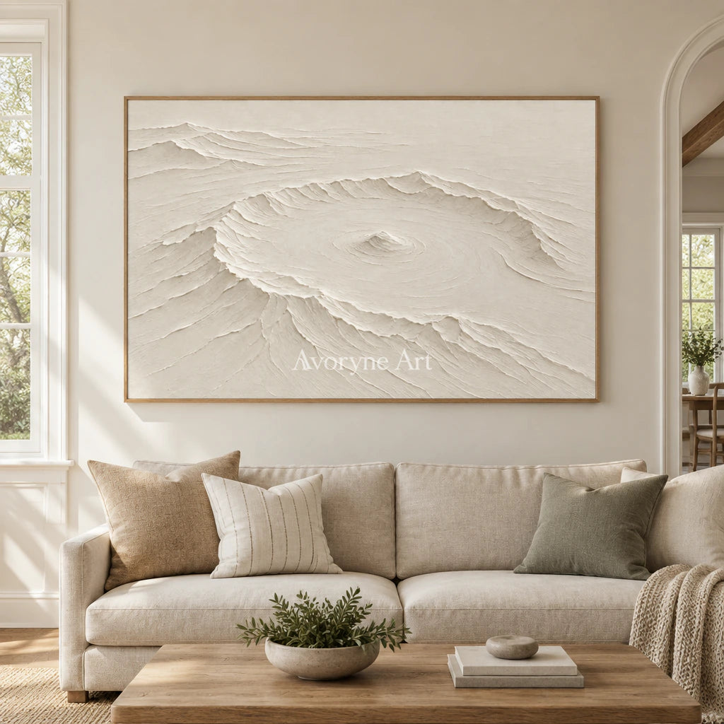 Caldera Quiet: Impasto White Landscape Relief Wall Art — villa wood