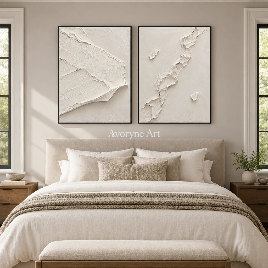 Ivory Fractures: Impasto White Relief Diptych Wall Art — bedroom black