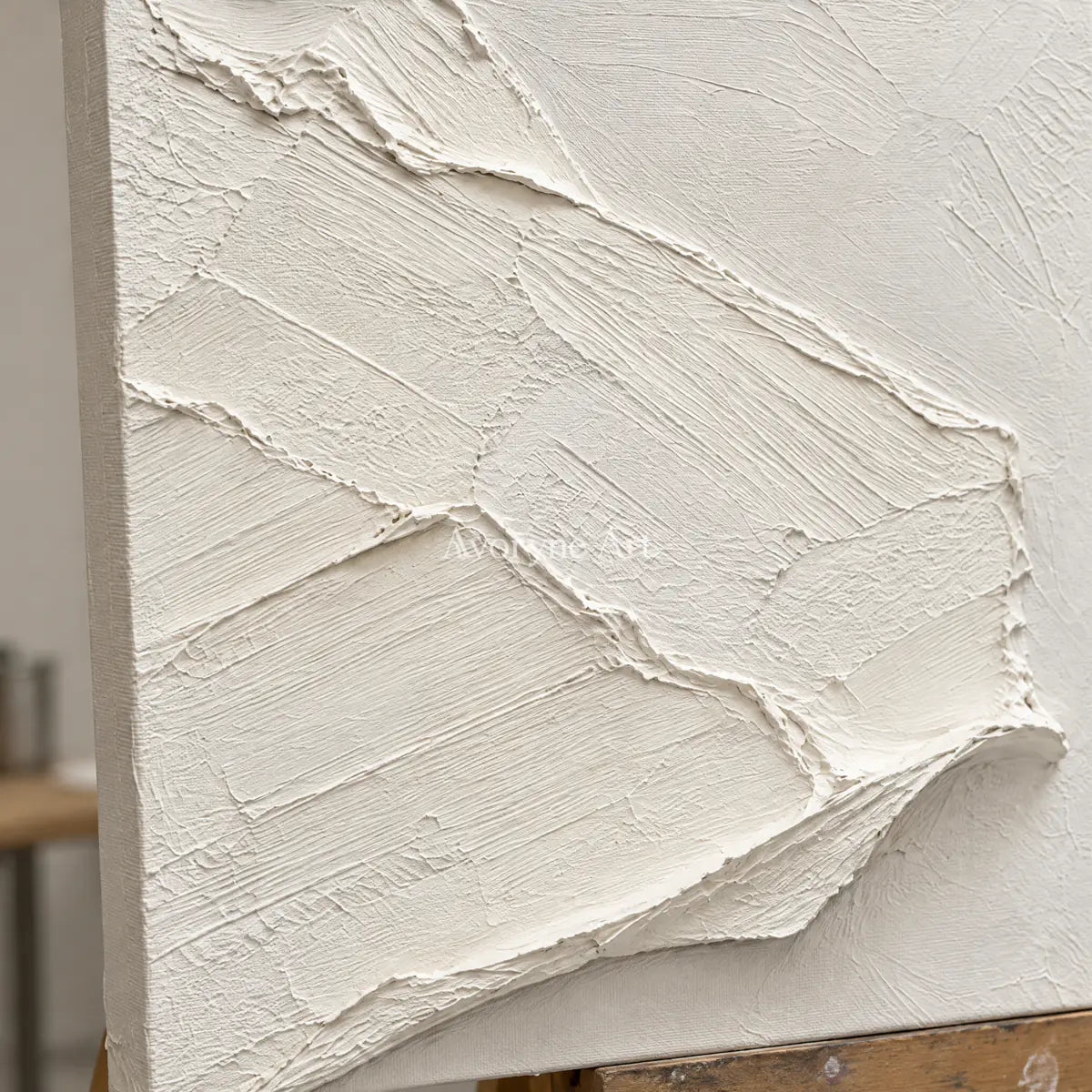 Ivory Fractures: Impasto White Relief Diptych Wall Art — detail easel