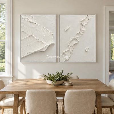 Ivory Fractures: Impasto White Relief Diptych Wall Art — dining white