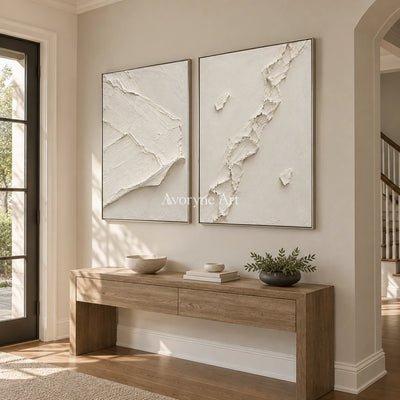 Ivory Fractures: Impasto White Relief Diptych Wall Art — entry silver