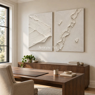 Ivory Fractures: Impasto White Relief Diptych Wall Art — office frameless