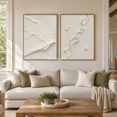 Ivory Fractures: Impasto White Relief Diptych Wall Art — villa wood