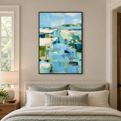 Blue Estuary: Impressionist Abstract Landscape Wall Art — bedroom black