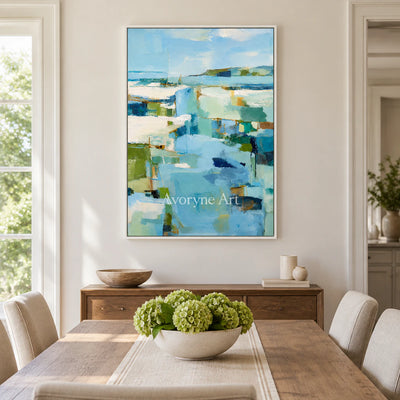 Blue Estuary: Impressionist Abstract Landscape Wall Art — dining white