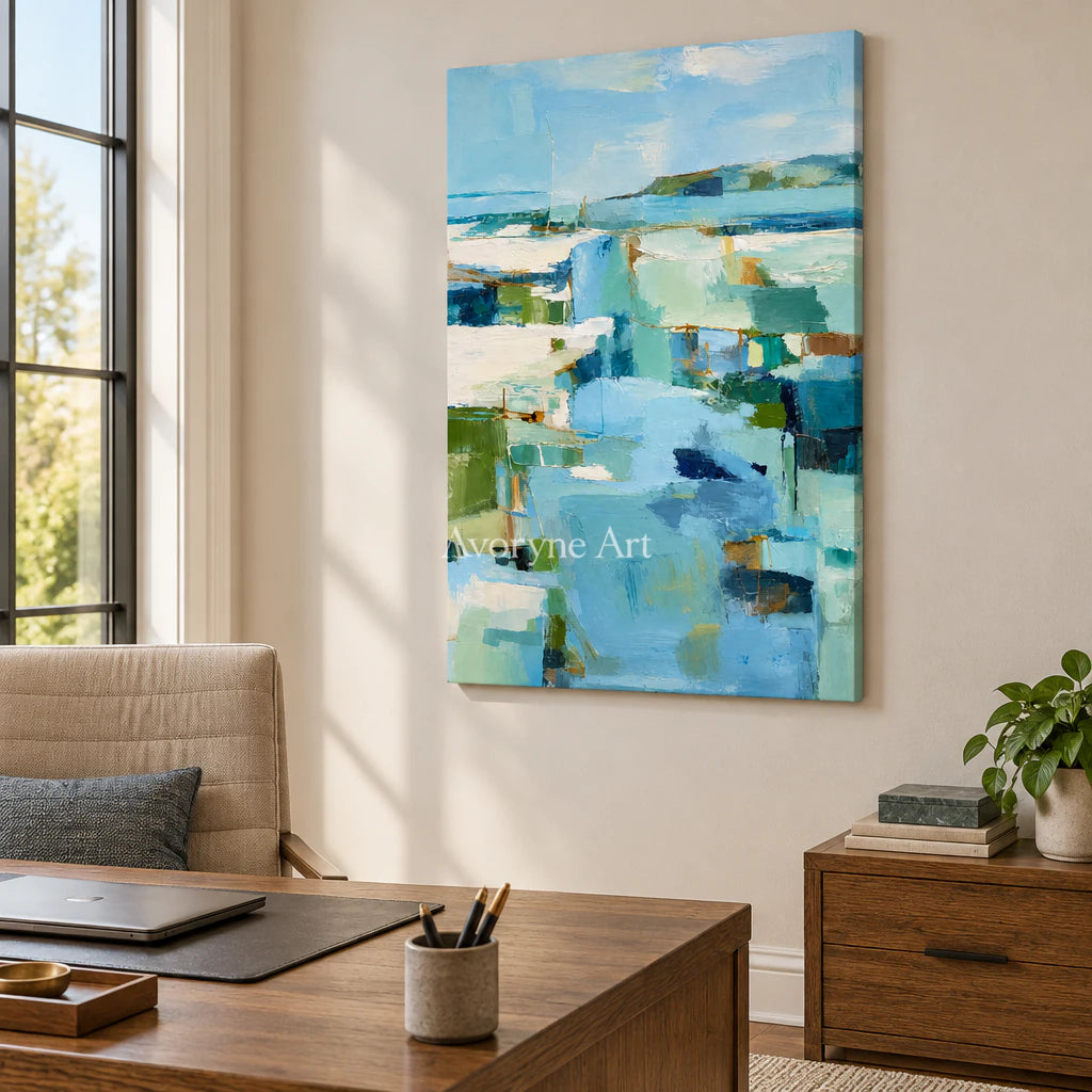 Blue Estuary: Impressionist Abstract Landscape Wall Art — office frameless