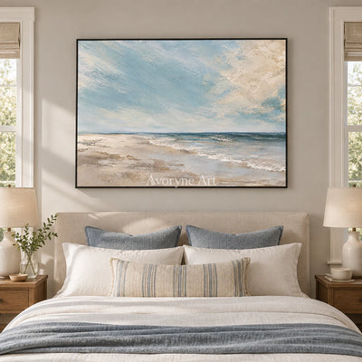 Shore Breath: Impressionist Blue Coastal Wall Art — bedroom black