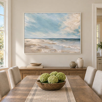 Shore Breath: Impressionist Blue Coastal Wall Art — dining white